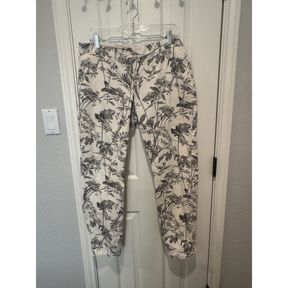 Talbots The Weekender Bird Toile Ankle Pants In Gray Cream Cotton Stretch 12